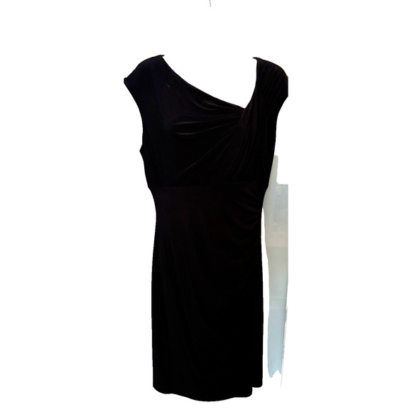 Lauren Dress Women's Sz 10 Black Cap Sleeve Ruched Asymetric Neck Stretch Jersey - Picture 2 of 10